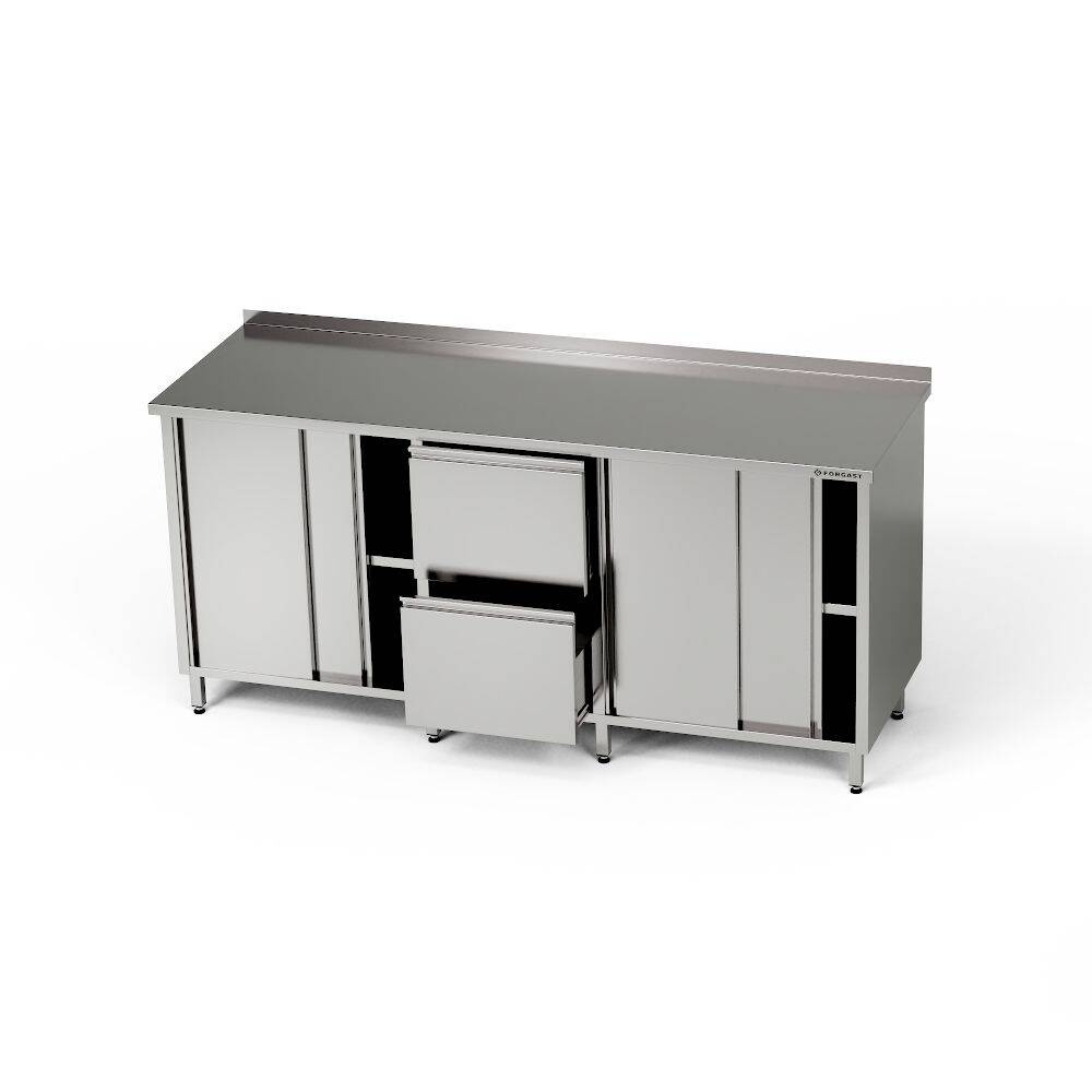 Table de travail en acier inoxydable avec 2 placards et un bloc de 2 tiroirs 220x70x85 cm | FORGAST