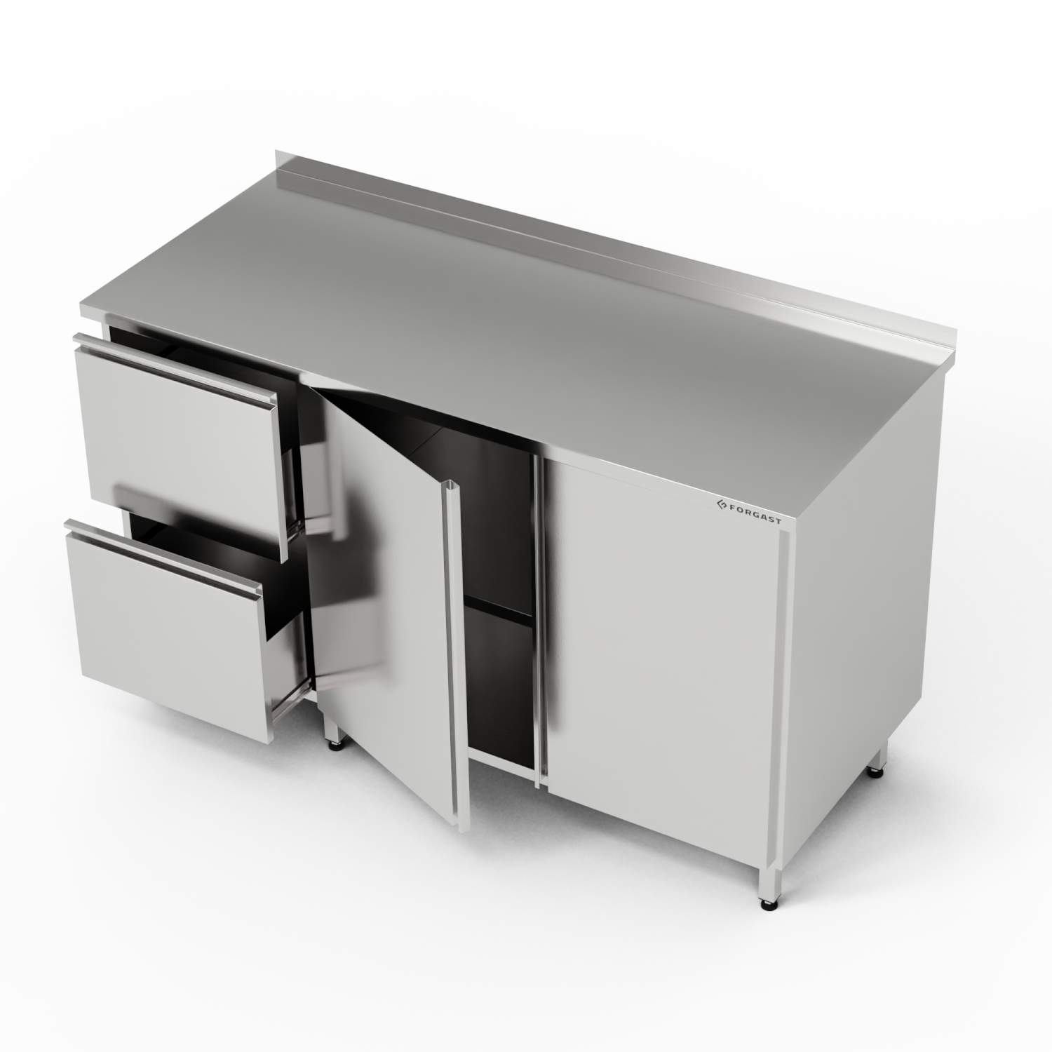 Table de travail en acier inoxydable avec placard et bloc de tiroirs 160x60x85 cm | FORGAST