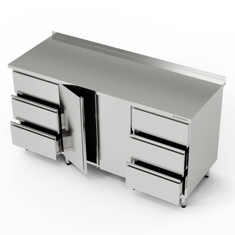 Table de travail inox avec armoire et 2 blocs de 3 tiroirs 180x60x85 cm | FORGAST