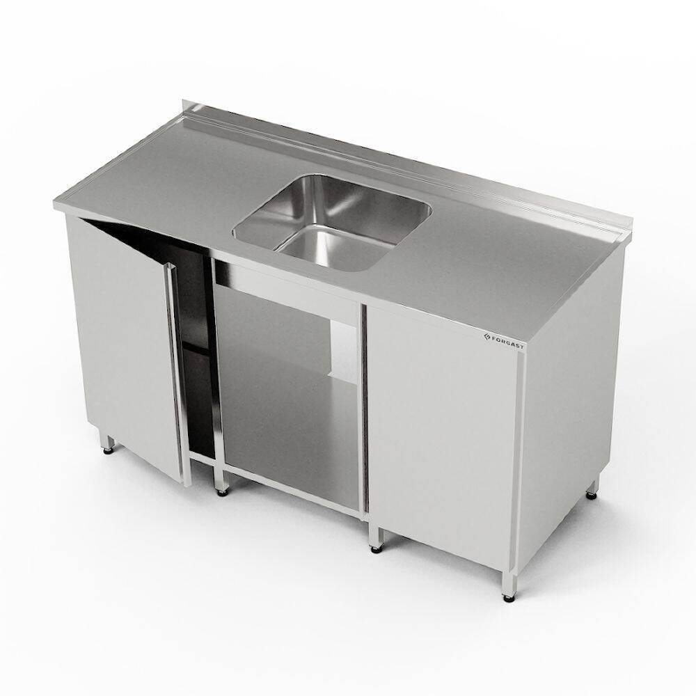 Table en acier inoxydable avec évier à 1 cuve, 2 placards et étagère 220x60x85 cm | FORGAST