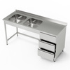 Table en acier inoxydable avec évier à 2 cuves et bloc de 3 tiroirs 160x60x85 cm | FORGAST