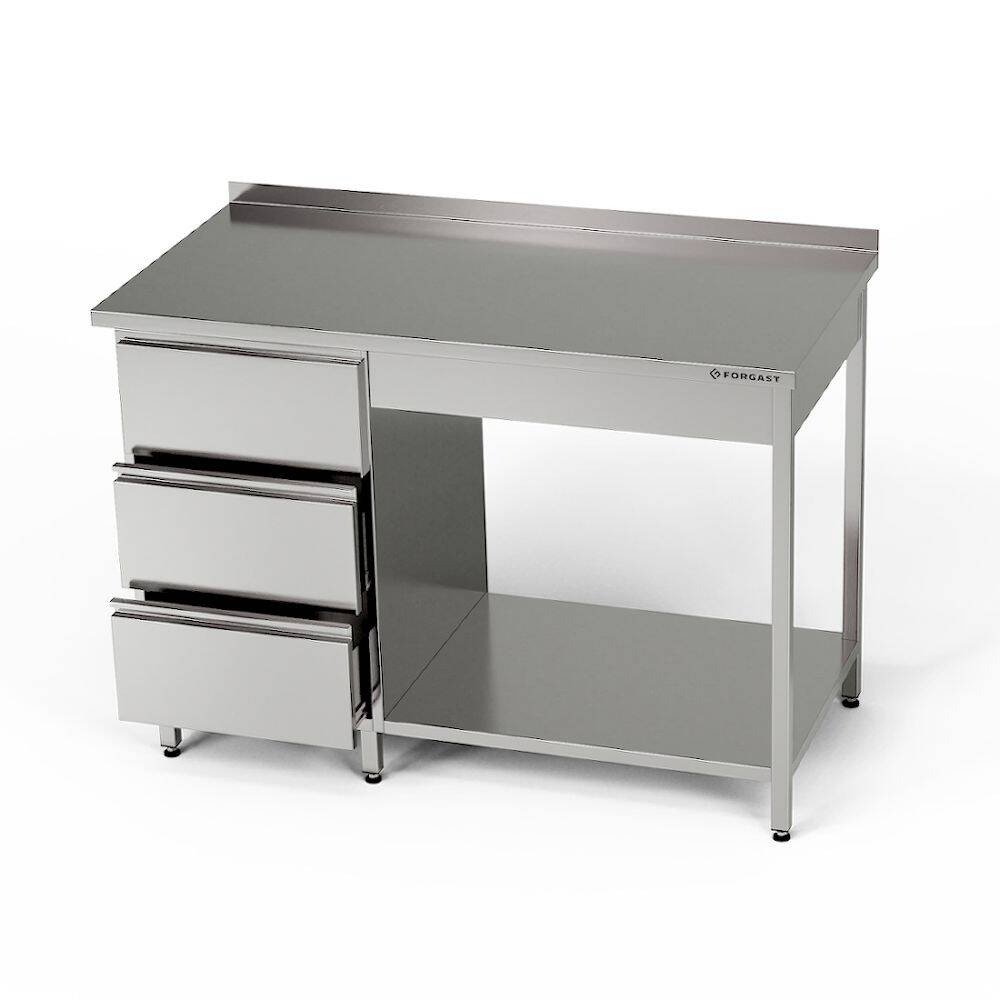 Table de travail inox avec bloc de tiroirs et étagère 100x70x85 cm | FORGAST