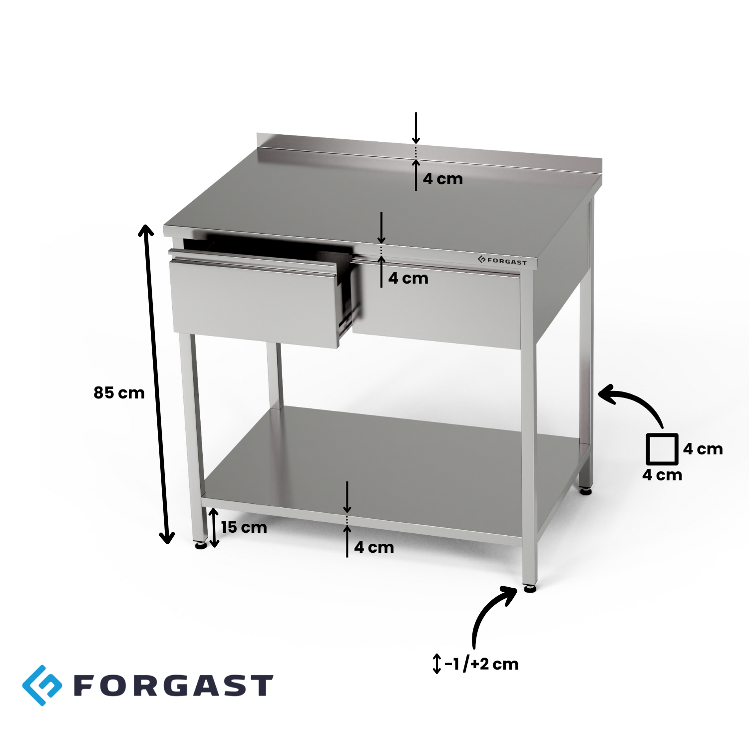 Table de travail en acier inoxydable avec tiroirs et étagère inférieure 80x60x85 cm | FORGAST