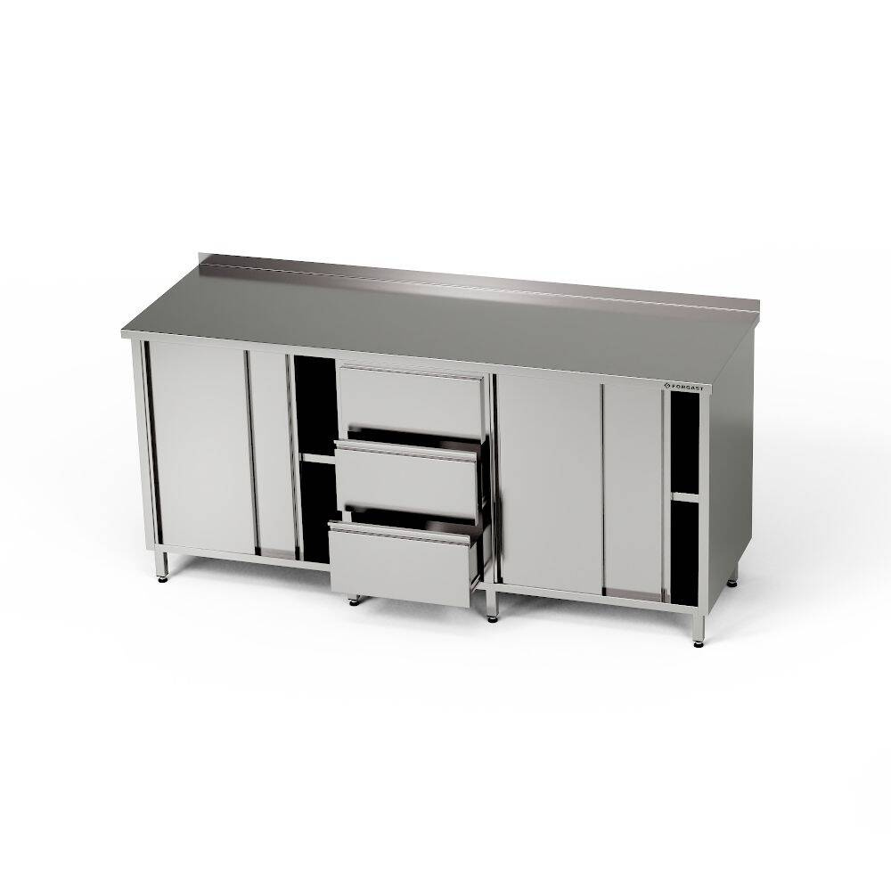 Table de travail en acier inoxydable avec 2 placards et un bloc de 3 tiroirs 200x70x85 cm | FORGAST