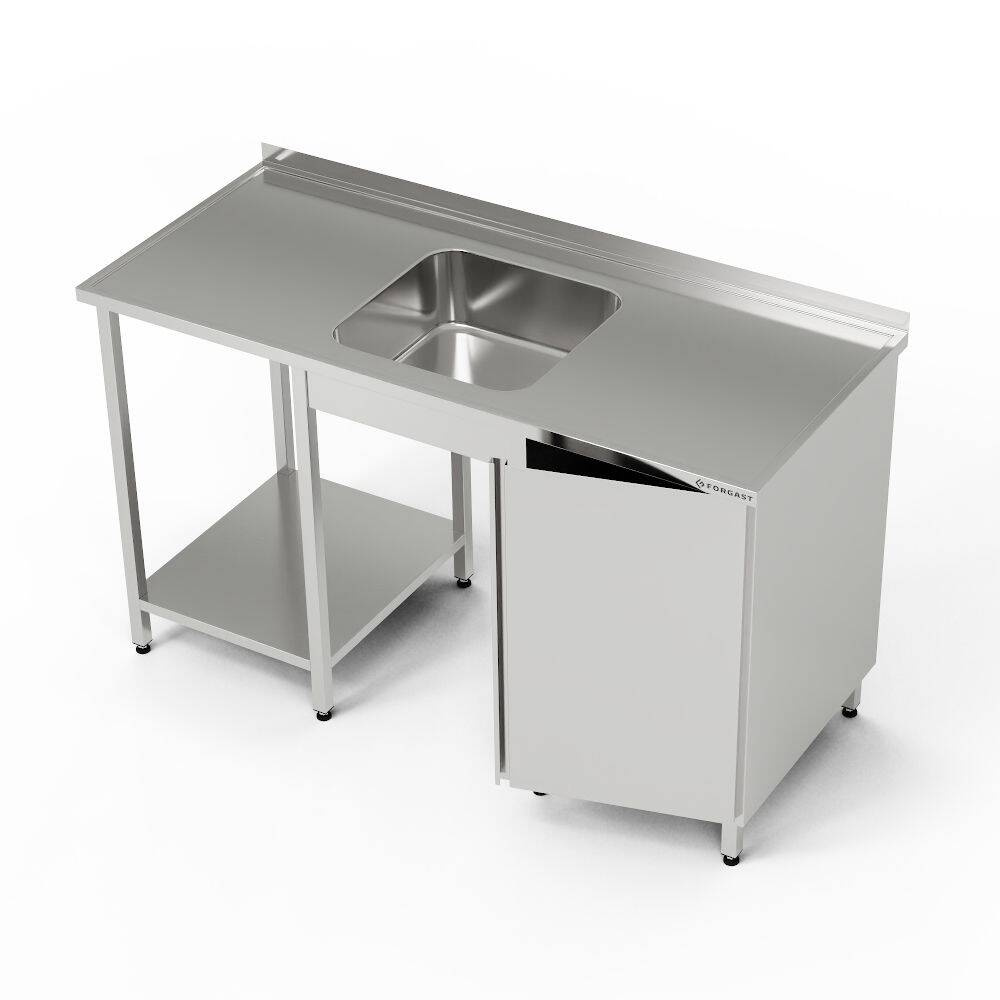 Table en acier inoxydable avec évier 1 bac, placard et étagère 150x60x85 cm | FORGAST