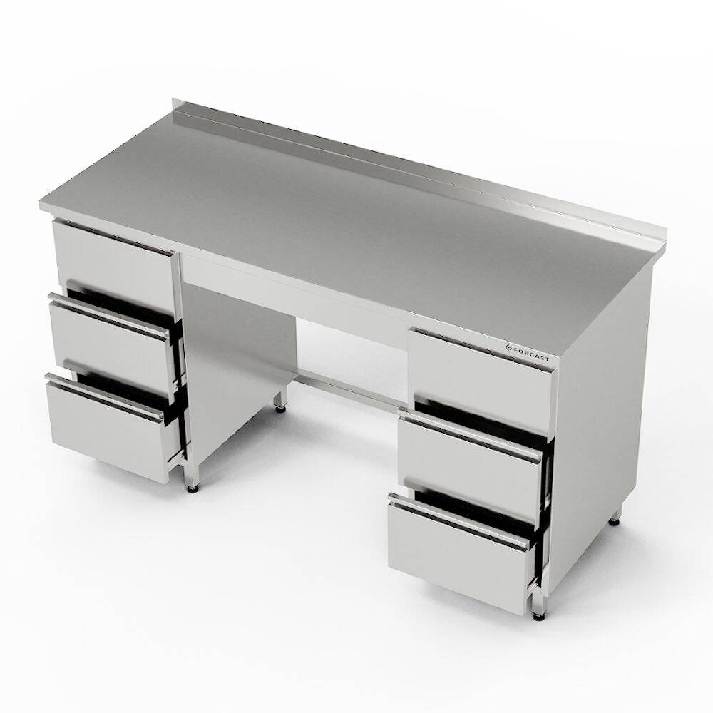 Table de travail en acier inoxydable avec 2 blocs de 3 tiroirs 230x70x85 cm | FORGAST