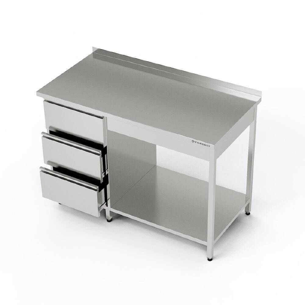 Table de travail en acier inoxydable avec bloc de tiroirs et étagère 120x70x85 cm | FORGAST