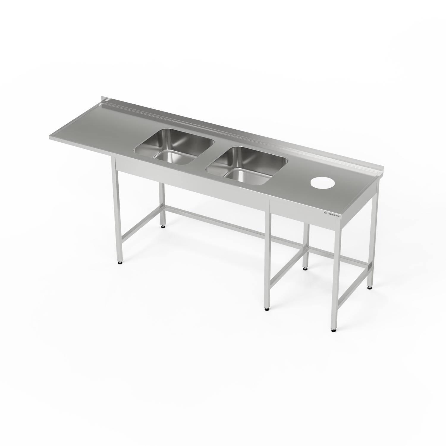 Table en acier inoxydable avec évier à 2 cuves, emplacement pour lave-vaisselle et ouverture pour déchets 220x60x85 cm | FORGAST