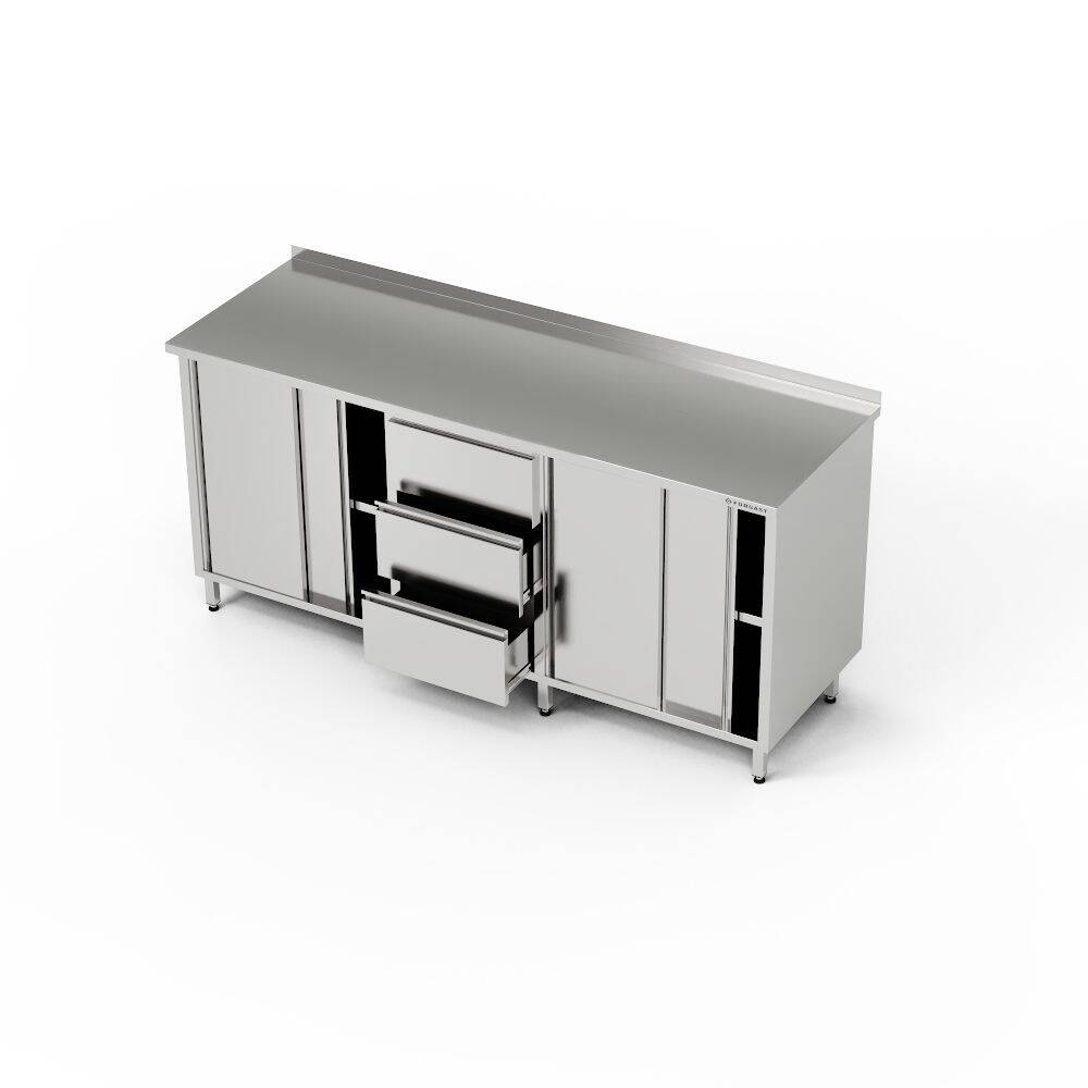 Table de travail en acier inoxydable avec 2 placards et un bloc de 3 tiroirs 280x70x85 cm | FORGAST