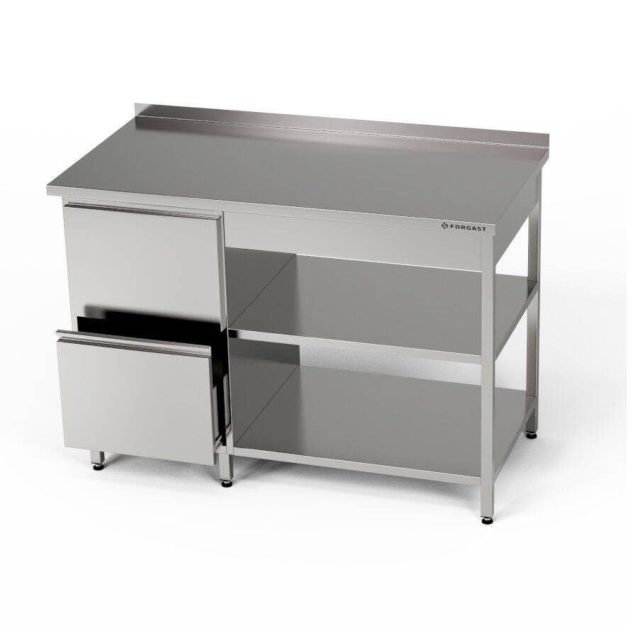 Table de travail en acier inoxydable avec bloc de tiroirs et deux étagères 150x70x85 cm | FORGAST