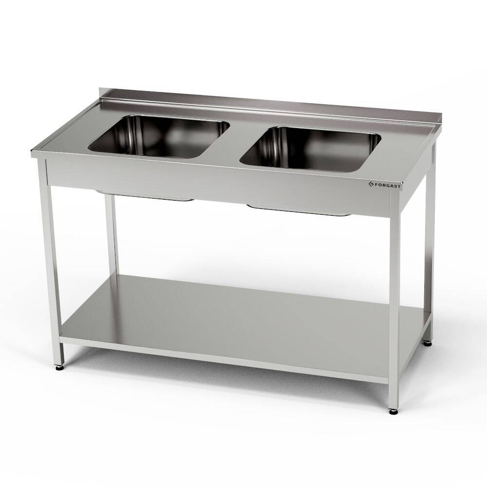 Table en acier inoxydable avec évier à 2 cuves et étagère 110x60x85 cm | FORGAST