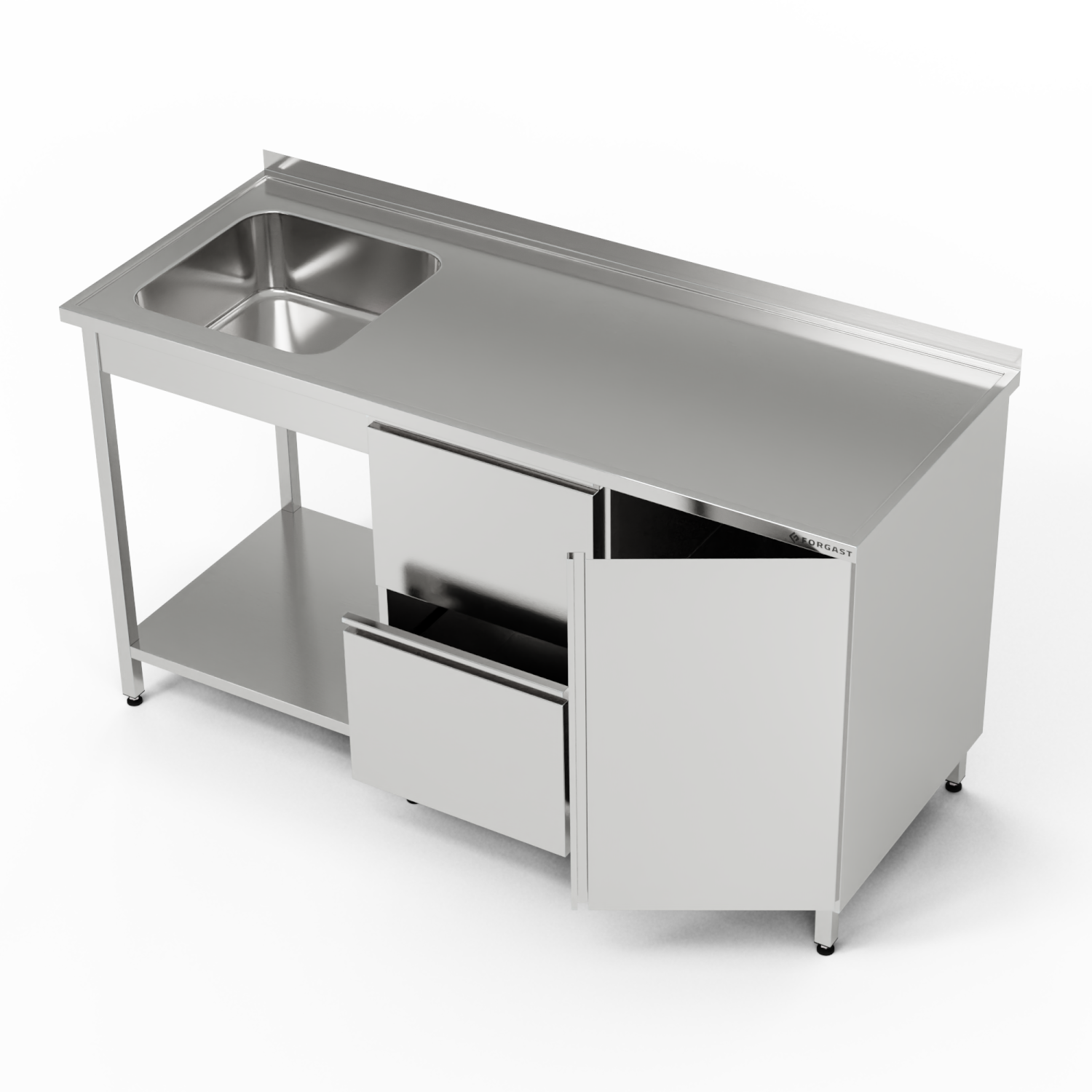 Table inox avec évier 1 bac, placard, bloc de tiroirs et étagère 150x70x85 cm | FORGAST