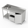Table en acier inoxydable avec évier 1 bac, placard, bloc de tiroirs et étagère 180x70x85 cm | FORGAST