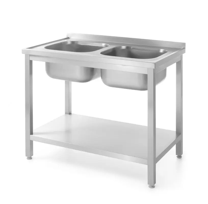 Table avec évier à 2 cuves et étagère, 100x60x85 cm | HENDI 811887