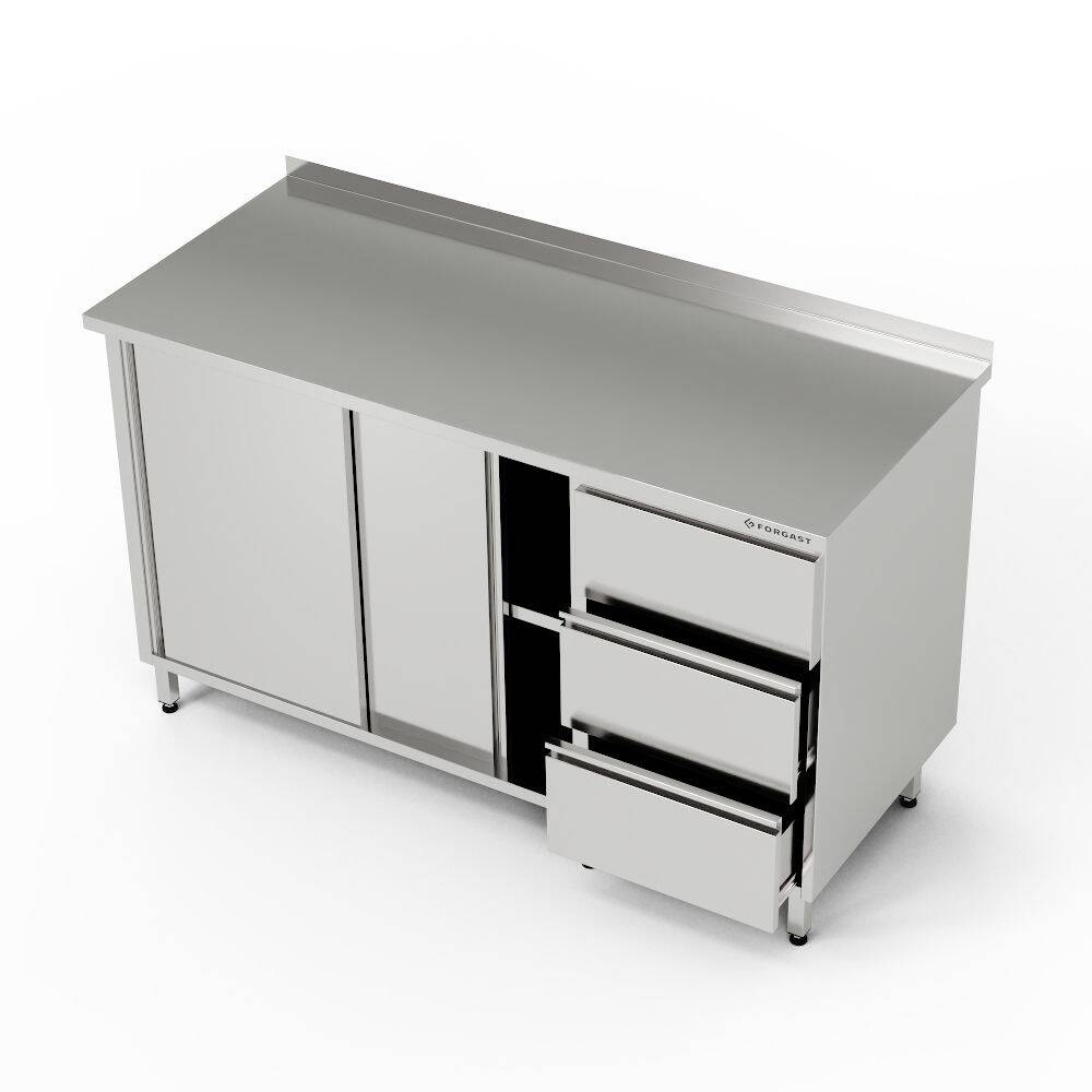 Table de travail en acier inoxydable avec armoire et bloc de 3 tiroirs 150x60x85 cm | FORGAST