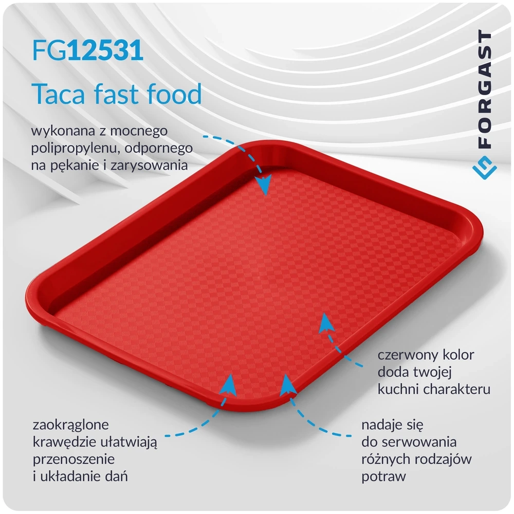 Plateau fast food rouge, polypropylène, 45x35 cm, rectangulaire | FORGAST FG12531