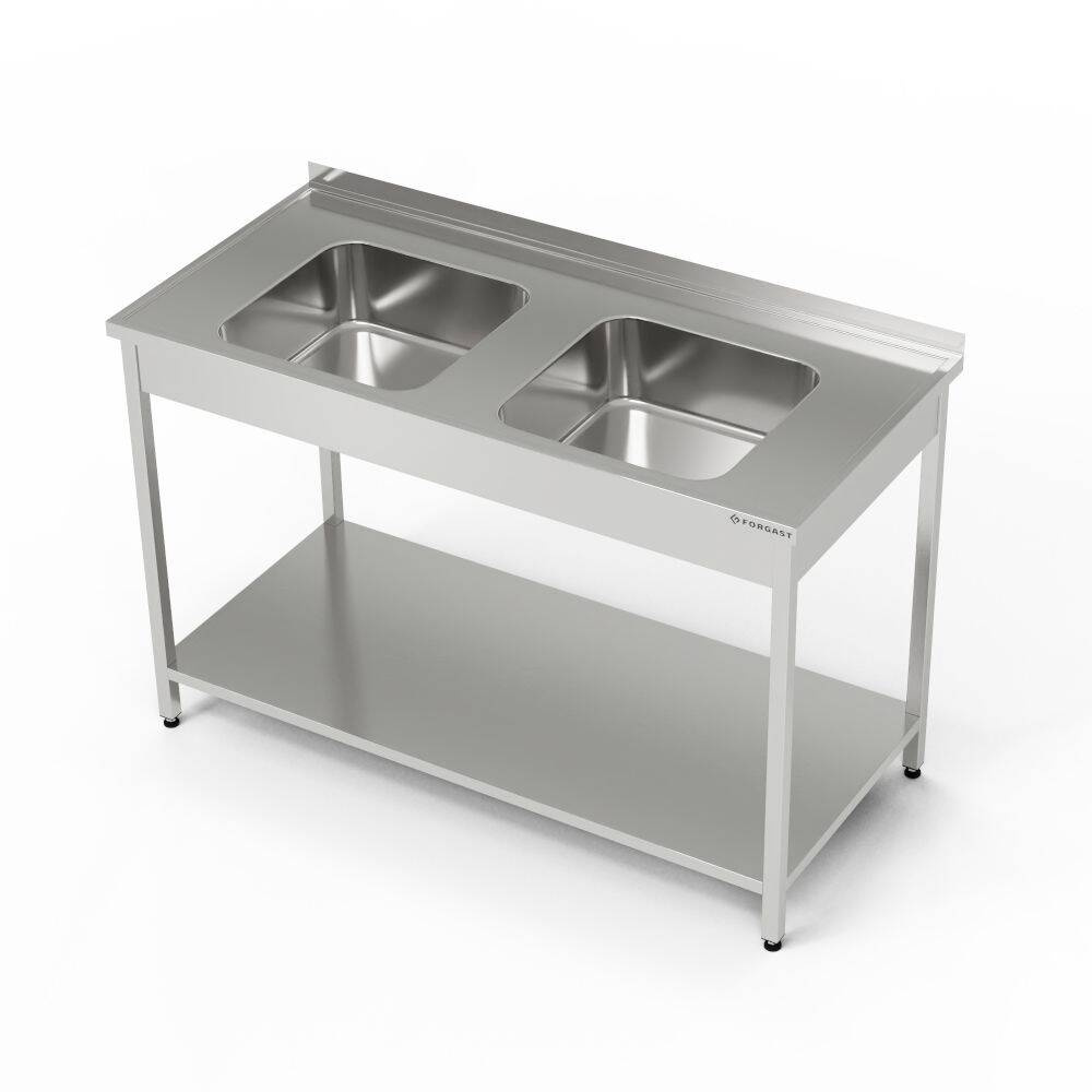 Table en acier inoxydable avec évier à 2 cuves et étagère 150x70x85 cm | FORGAST