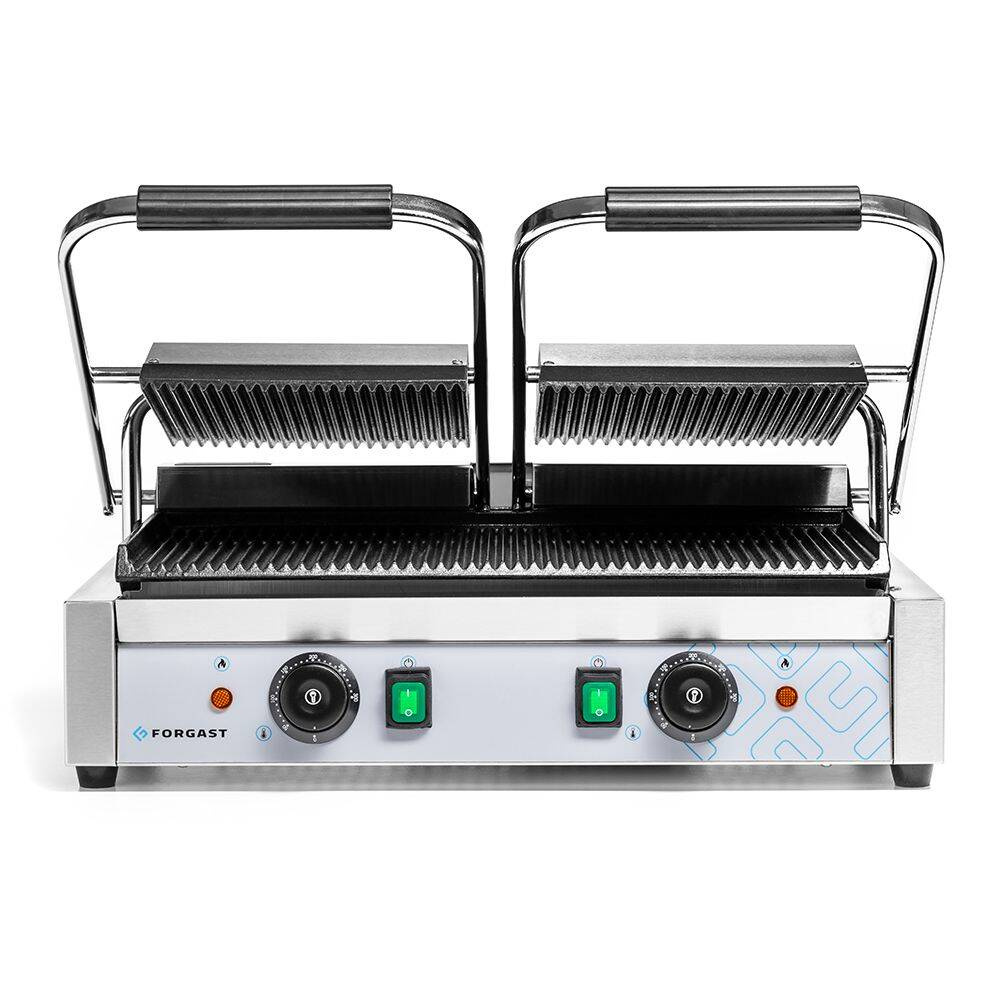 Gril de contact double, plaques rainurées, 3,6 kW | FORGAST FG09202
